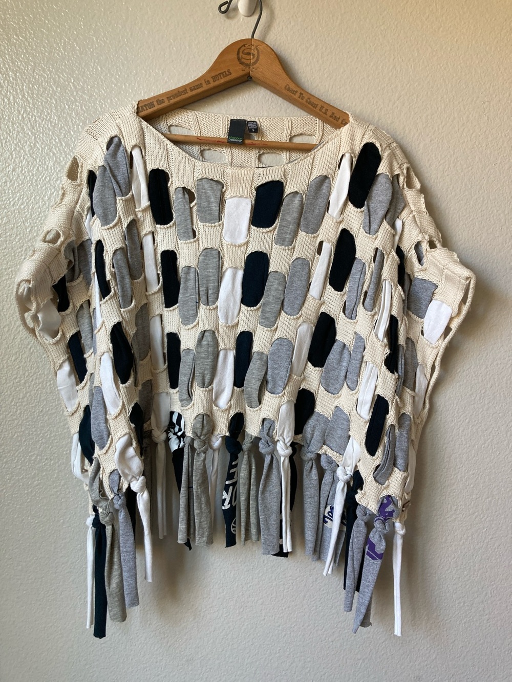 Shannon Passero Sweater upcycled Fringe Top Open Knit loose fit boho sz S